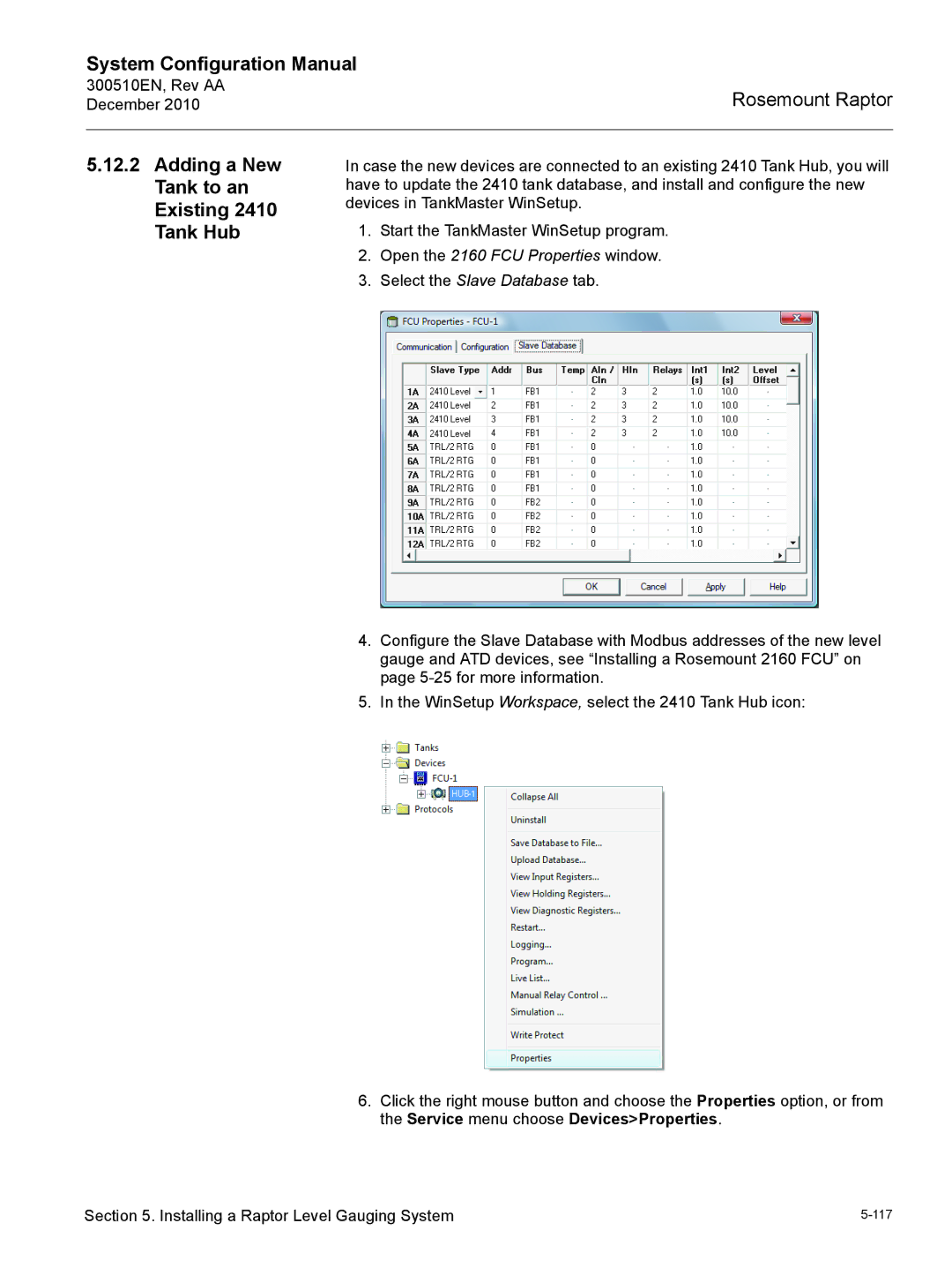 Emerson 300510EN configurationmanual Adding a New Tank to an Existing 2410 Tank Hub, Open the 2160 FCU Properties window 