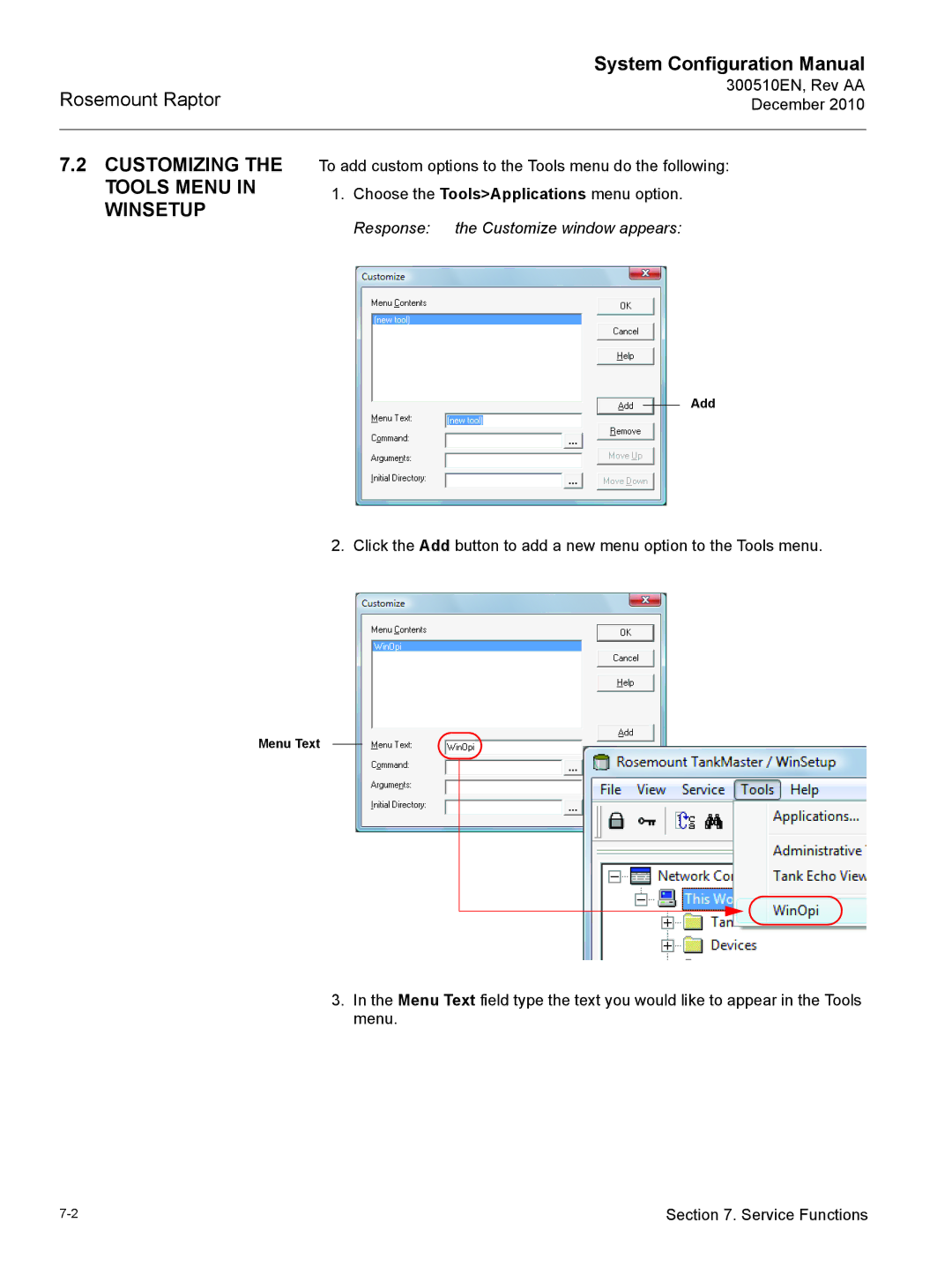 Emerson 300510EN configurationmanual Customizing the Tools Menu in Winsetup 