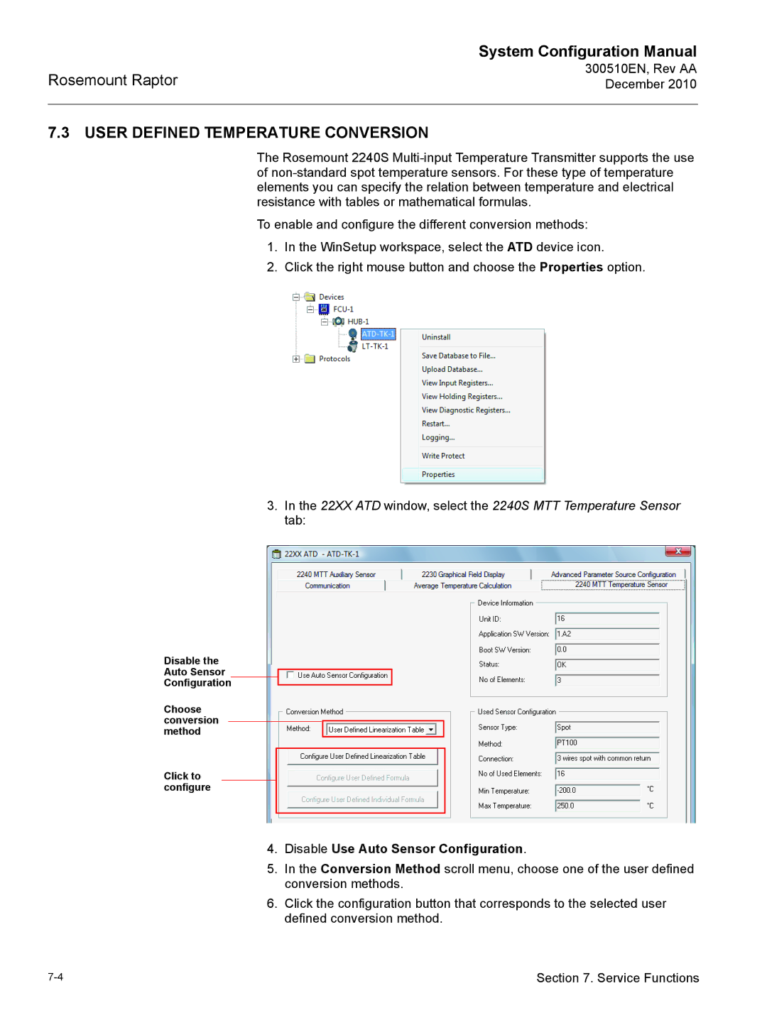 Emerson 300510EN configurationmanual User Defined Temperature Conversion, Disable Use Auto Sensor Configuration 