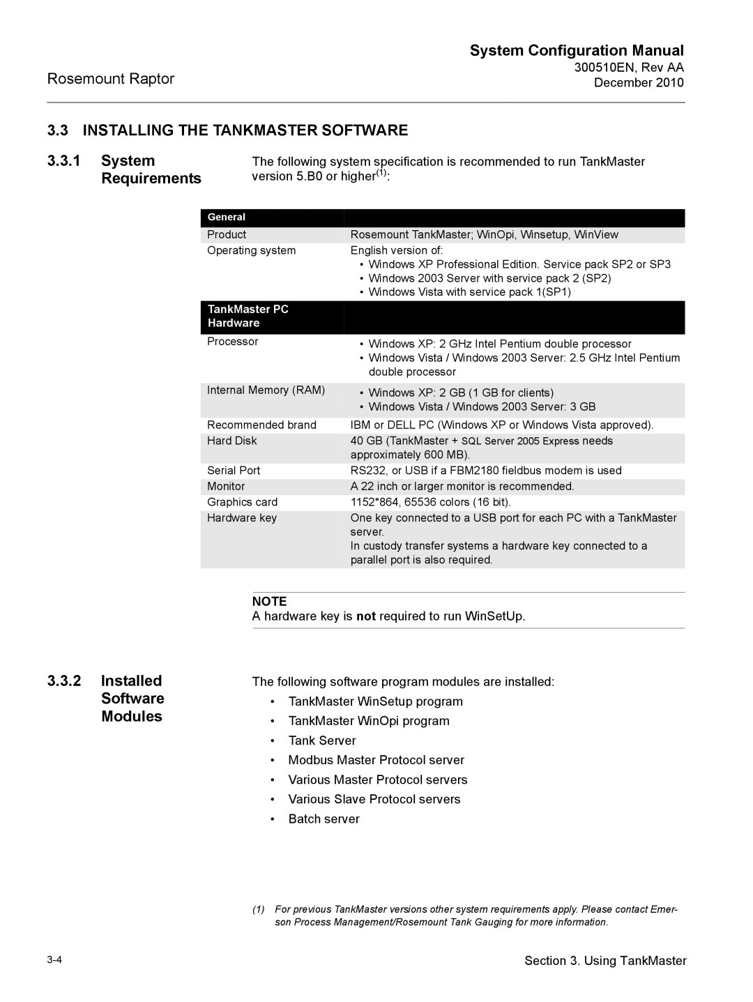 Emerson 300510EN configurationmanual Installing the Tankmaster Software, System Requirements, Installed Software Modules 