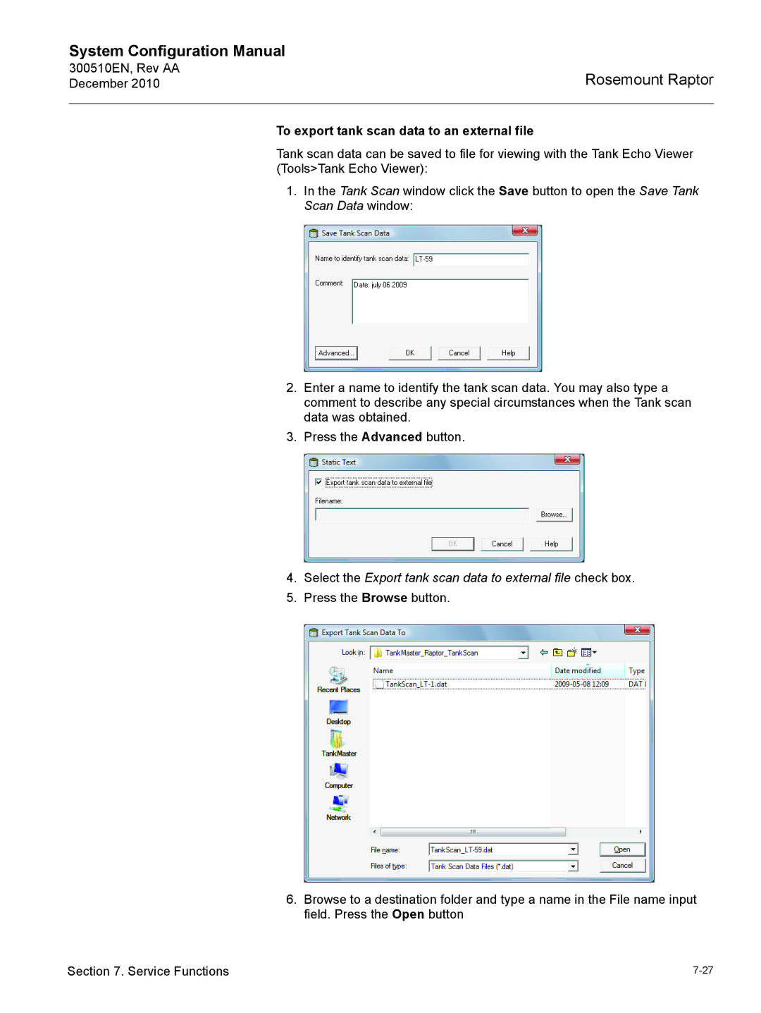 Emerson 300510EN To export tank scan data to an external file, Select the Export tank scan data to external file check box 