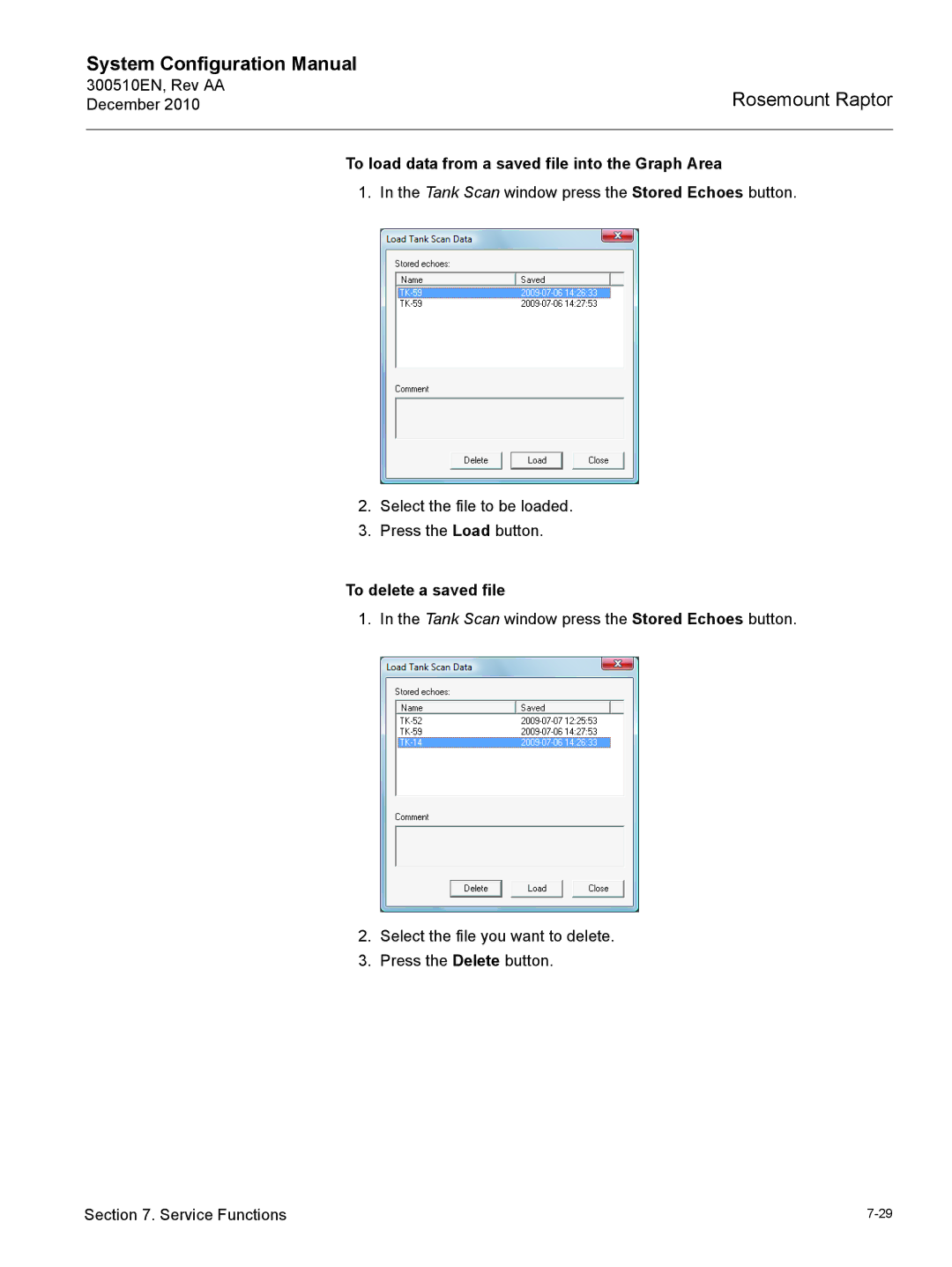 Emerson 300510EN configurationmanual To load data from a saved file into the Graph Area, To delete a saved file 