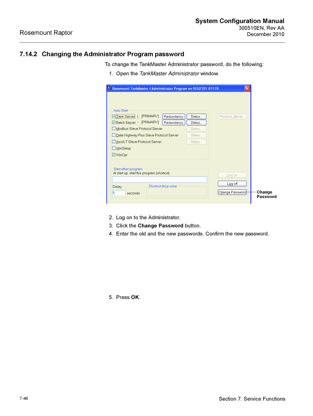 Emerson 300510EN configurationmanual Changing the Administrator Program password, Open the TankMaster Administrator window 