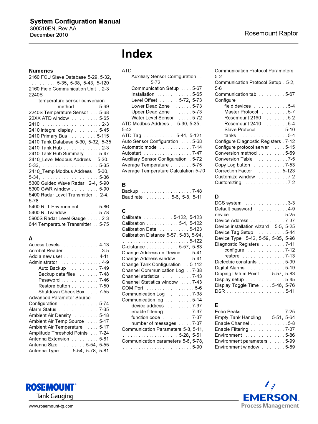 Emerson 300510EN configurationmanual Index, Numerics 