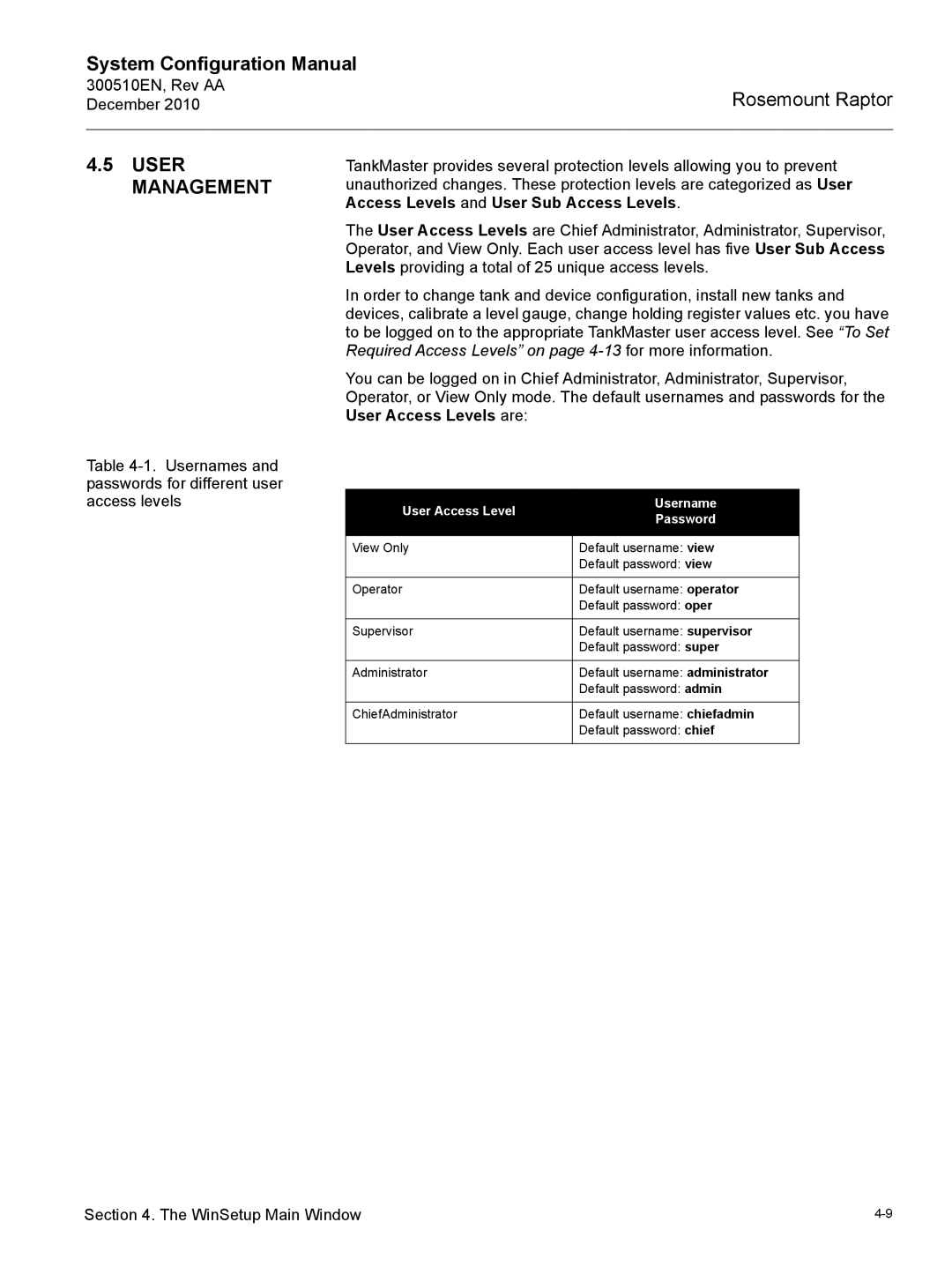 Emerson 300510EN configurationmanual User Management, User Access Level Username Password 