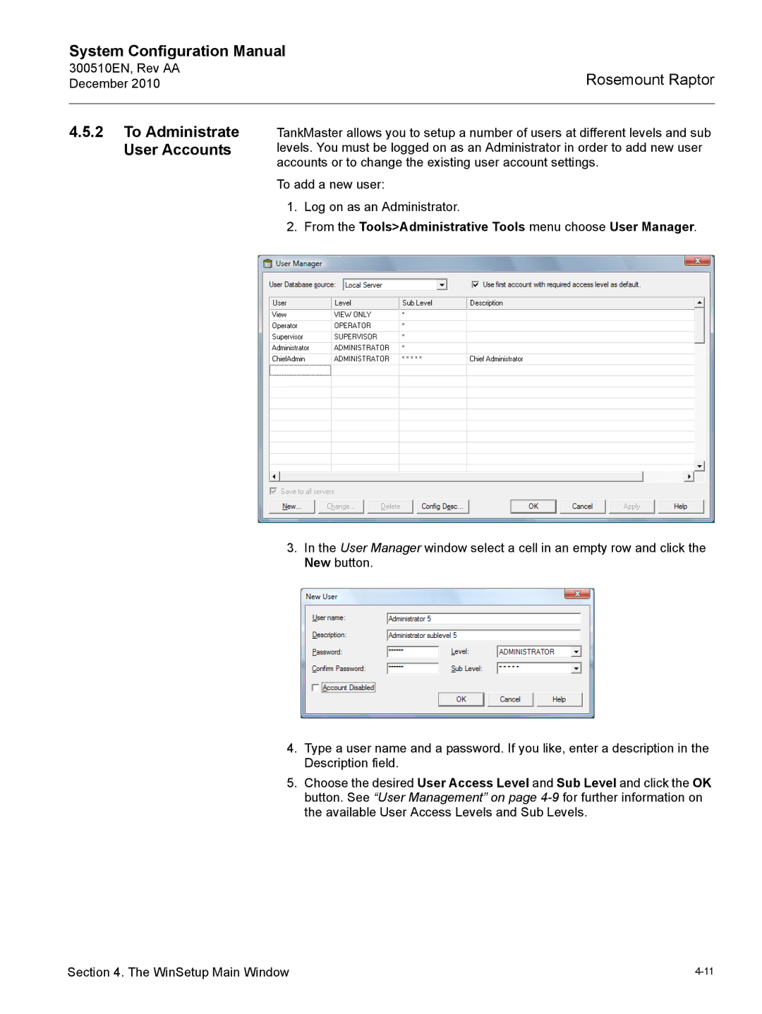 Emerson 300510EN To Administrate User Accounts, From the ToolsAdministrative Tools menu choose User Manager 