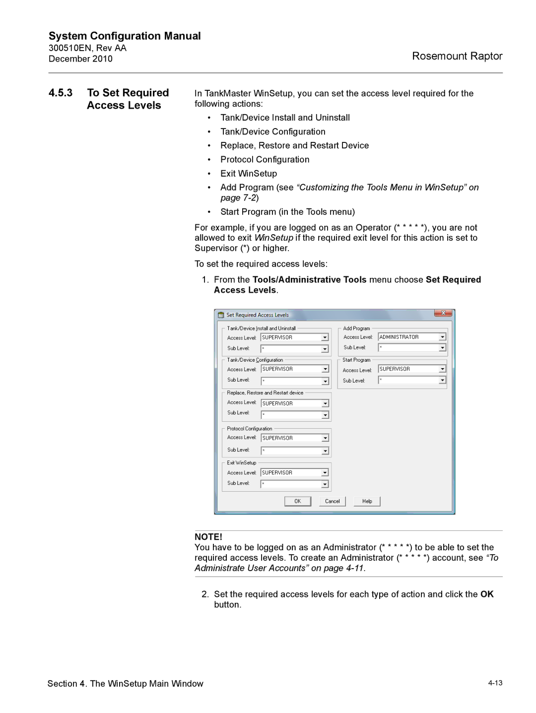 Emerson 300510EN To Set Required Access Levels, Add Program see Customizing the Tools Menu in WinSetup on 