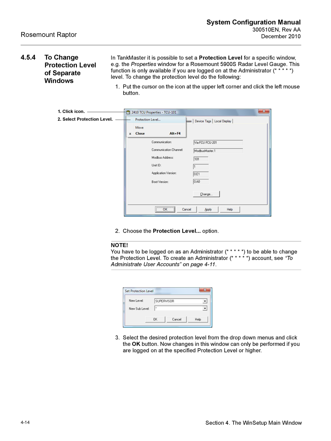 Emerson 300510EN configurationmanual To Change Protection Level of Separate Windows, Choose the Protection Level... option 