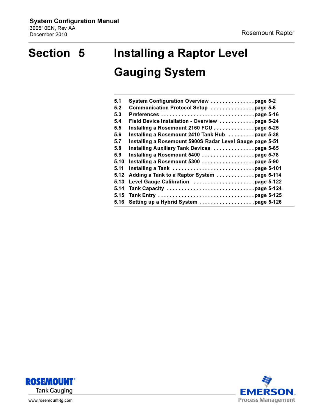 Emerson 300510EN configurationmanual Installing a Raptor Level Gauging System 