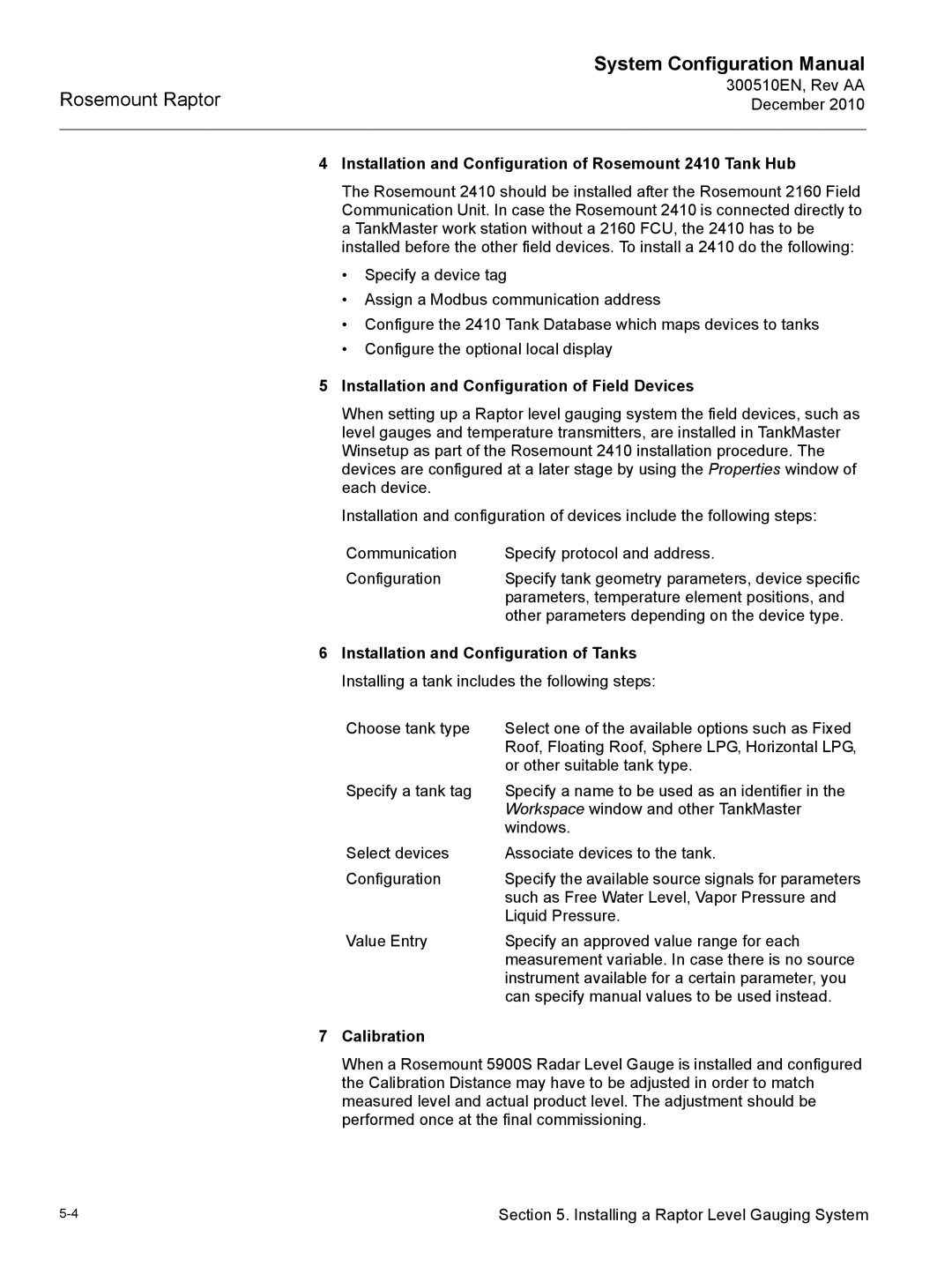 Emerson 300510EN configurationmanual Installation and Configuration of Rosemount 2410 Tank Hub, Calibration 