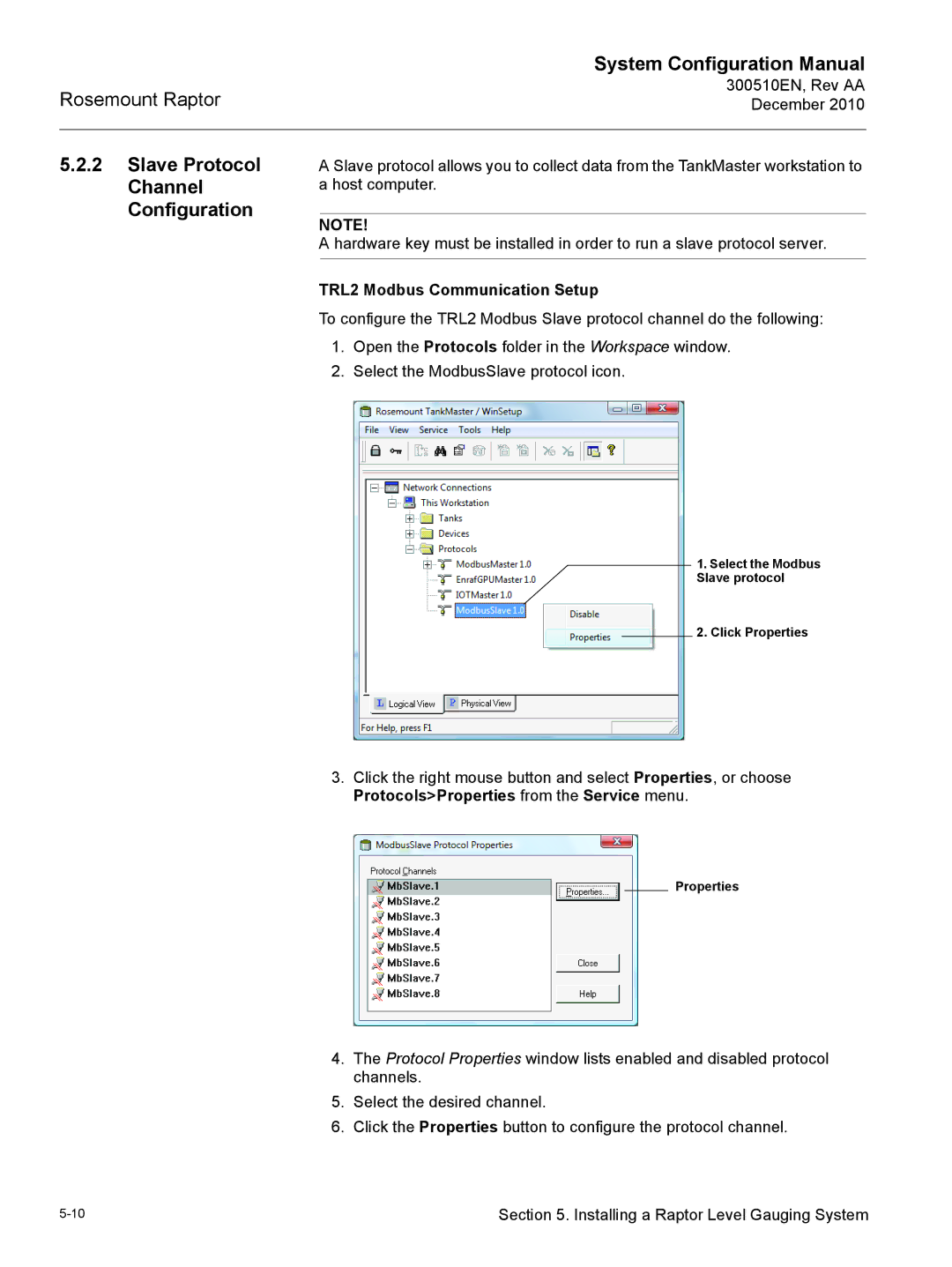 Emerson 300510EN configurationmanual Slave Protocol Channel Configuration, TRL2 Modbus Communication Setup 