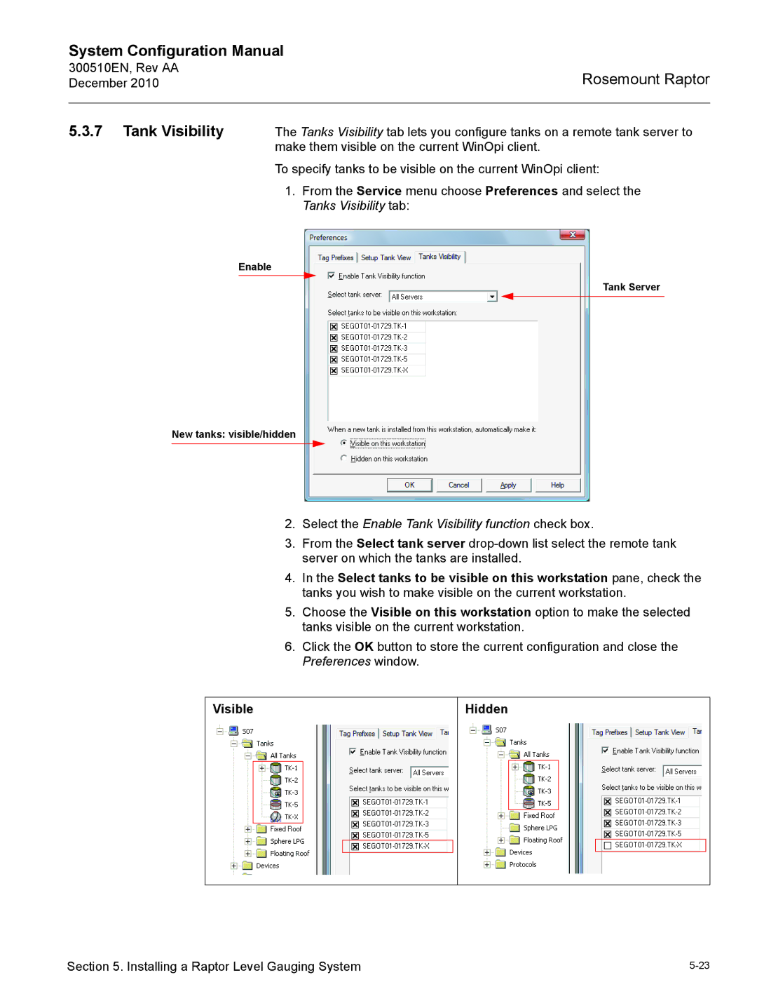 Emerson 300510EN configurationmanual Select the Enable Tank Visibility function check box, Visible Hidden 