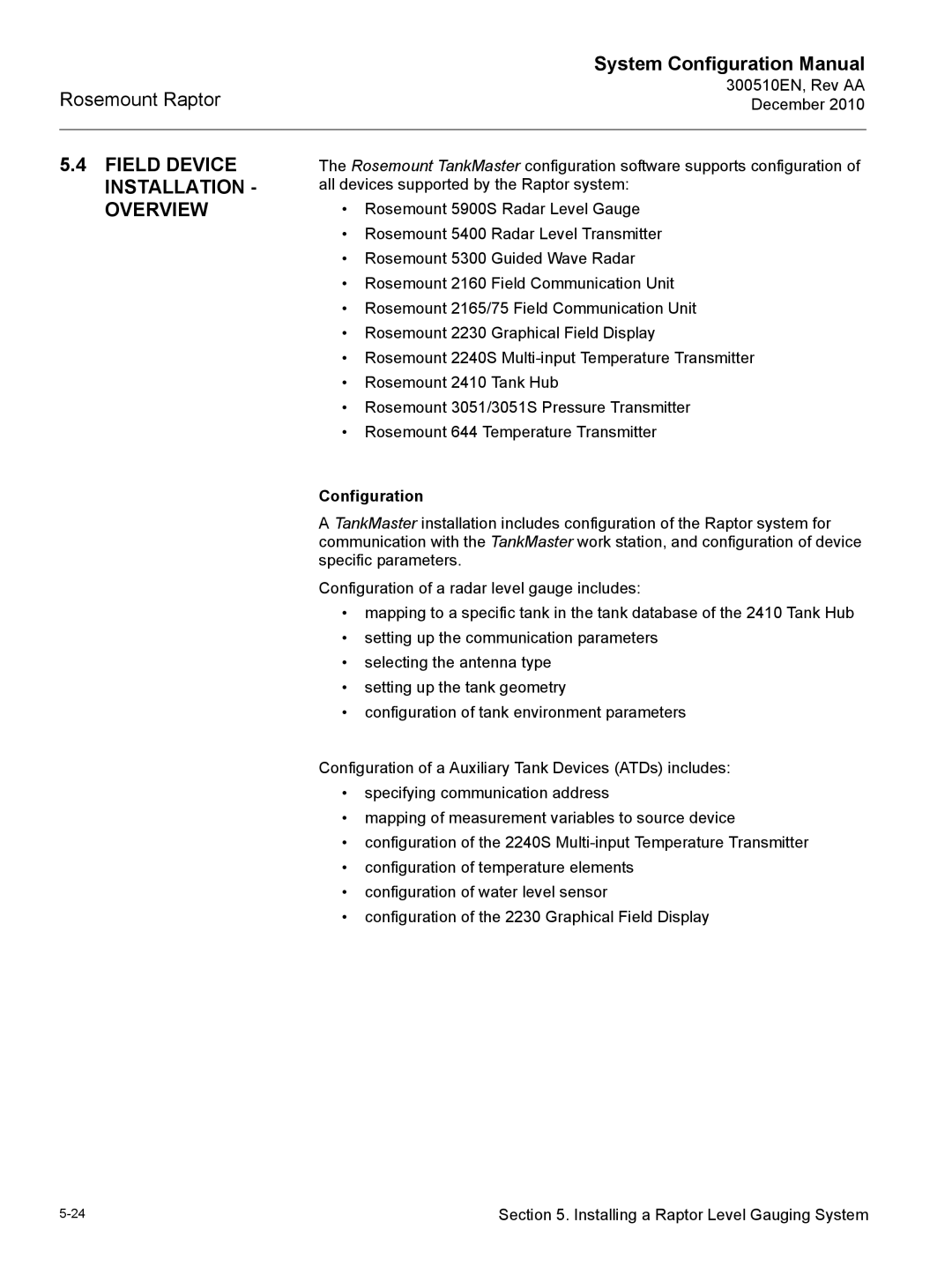 Emerson 300510EN configurationmanual Field Device Installation Overview, Configuration 