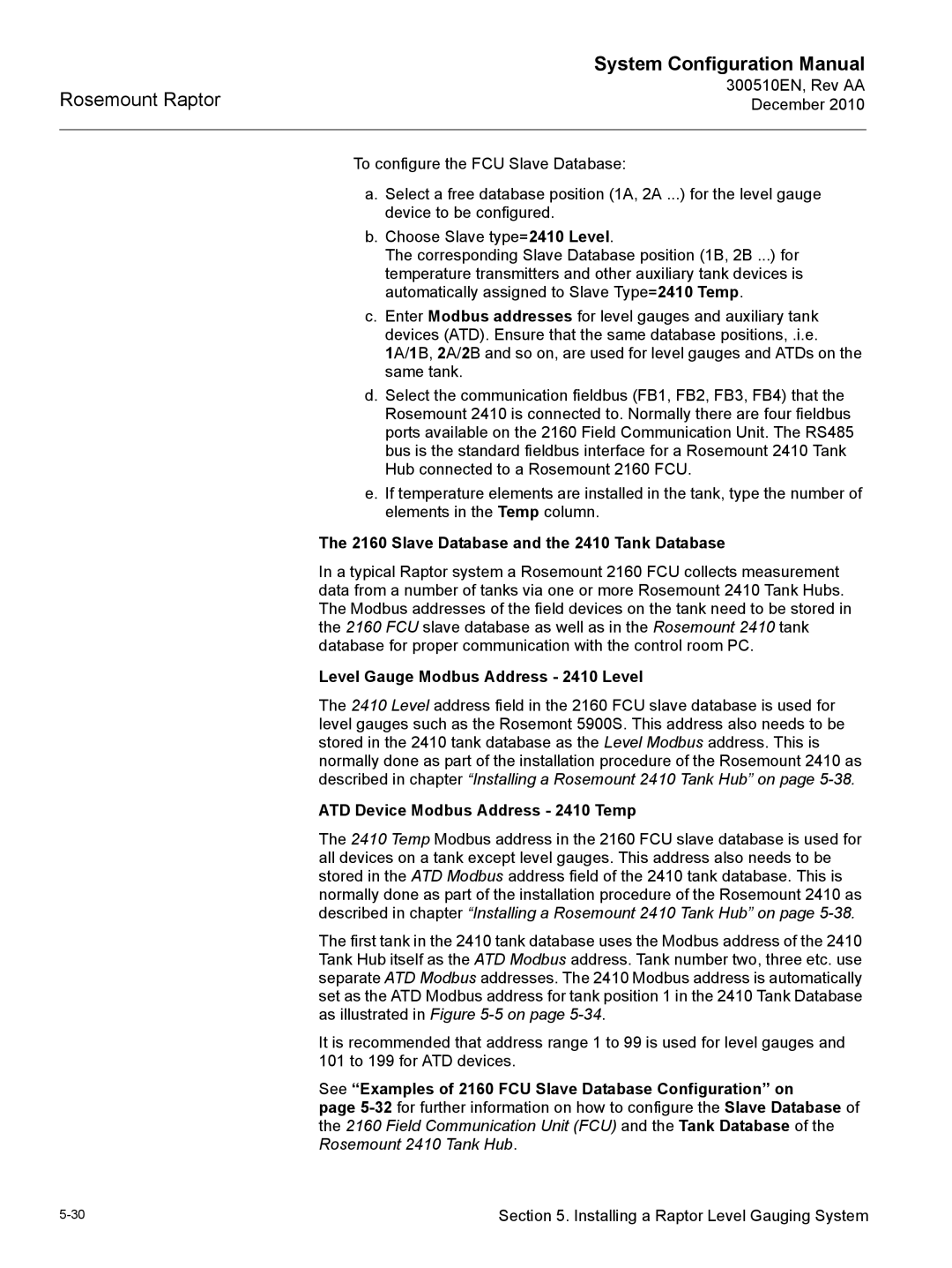 Emerson 300510EN configurationmanual Slave Database and the 2410 Tank Database, Level Gauge Modbus Address 2410 Level 