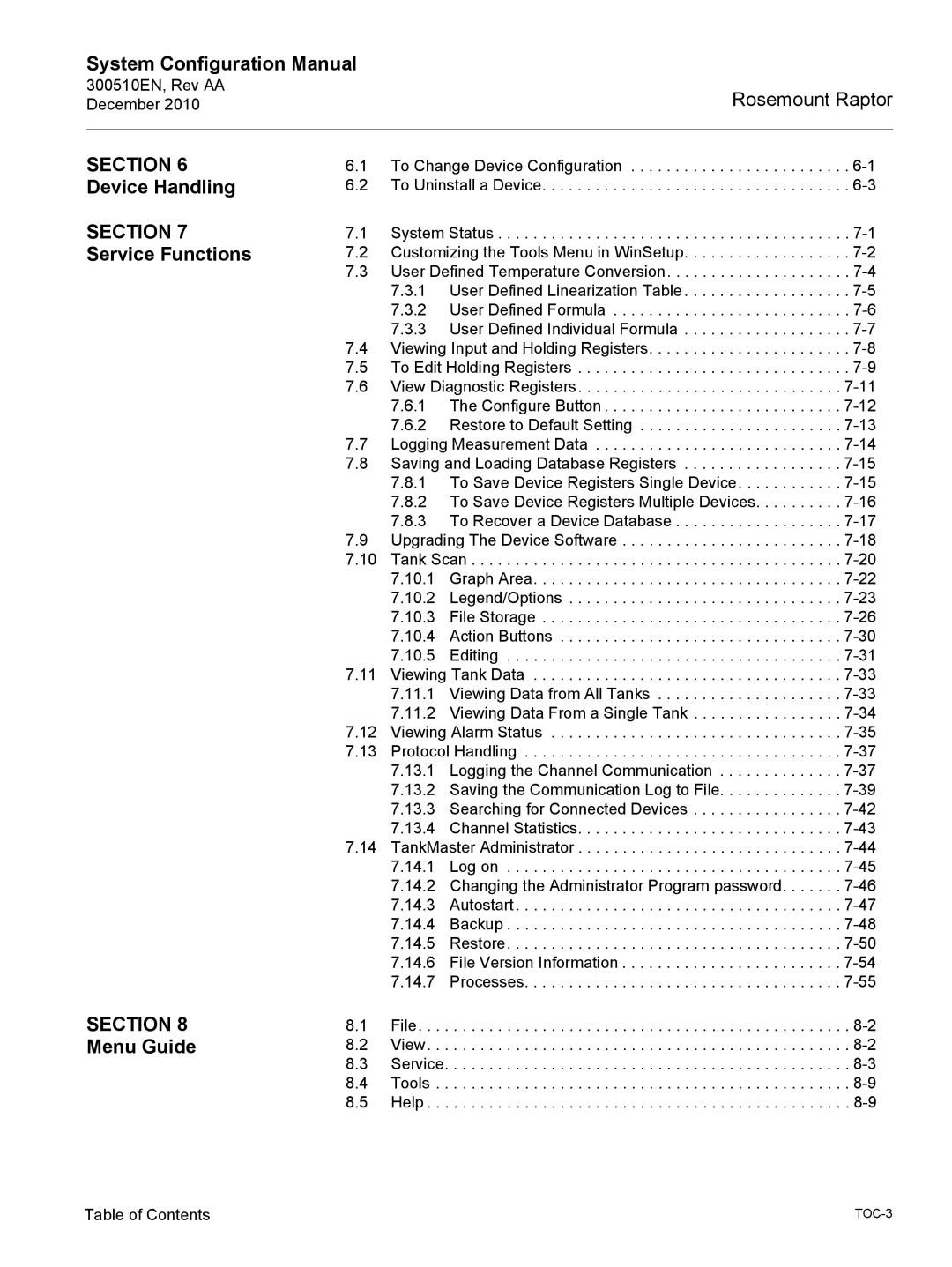 Emerson 300510EN configurationmanual Device Handling Service Functions, Menu Guide 