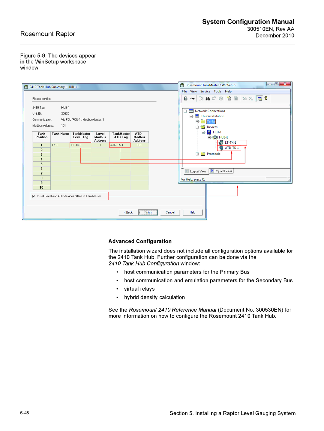 Emerson 300510EN configurationmanual Devices appear in the WinSetup workspace window, Tank Hub Configuration window 