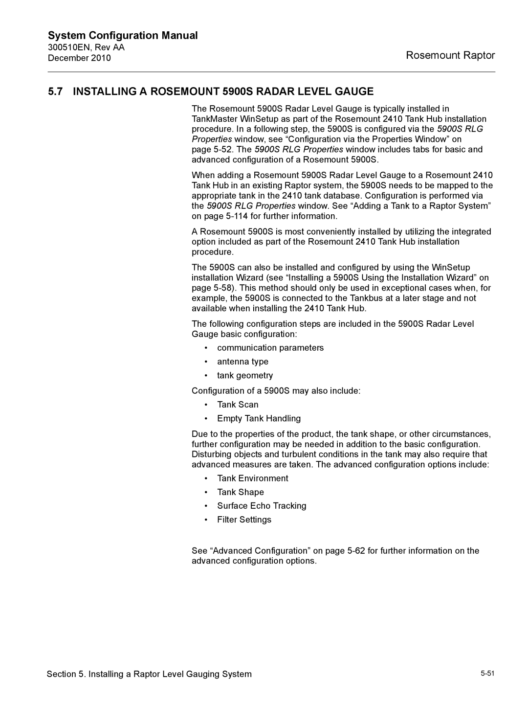 Emerson 300510EN configurationmanual Installing a Rosemount 5900S Radar Level Gauge 