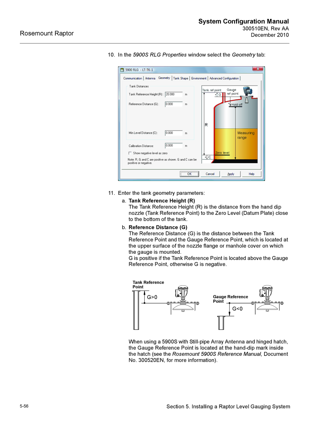 Emerson 300510EN 5900S RLG Properties window select the Geometry tab, Tank Reference Height R, Reference Distance G 