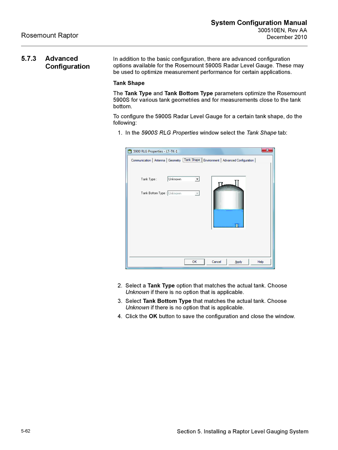 Emerson 300510EN configurationmanual Advanced Configuration, 5900S RLG Properties window select the Tank Shape tab 