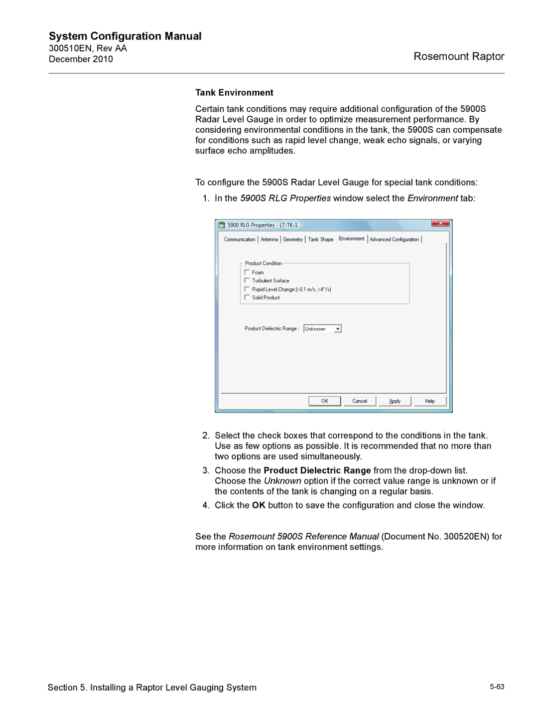 Emerson 300510EN configurationmanual Tank Environment, 5900S RLG Properties window select the Environment tab 