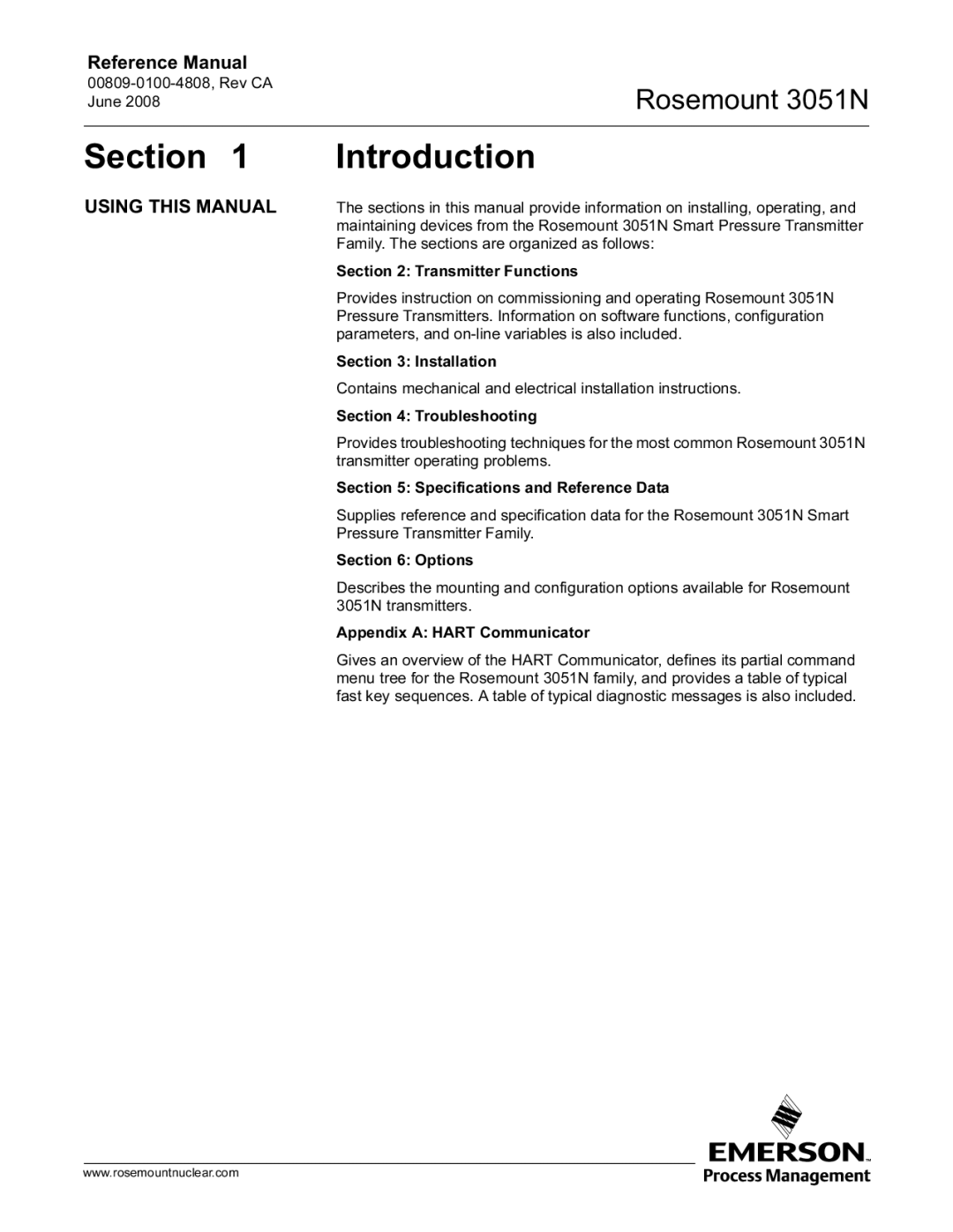 Emerson 3051N manual Section Introduction, Using this Manual 