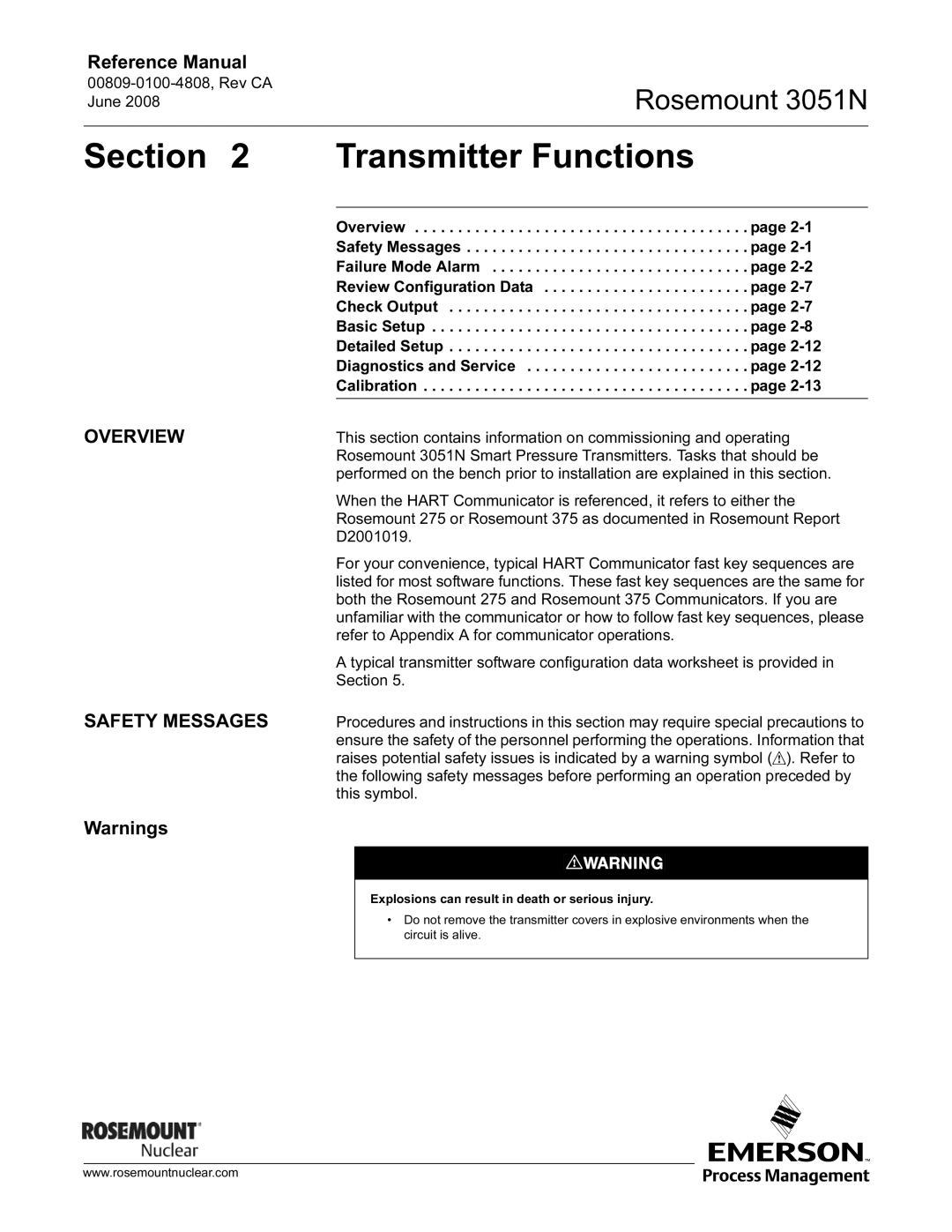 Emerson 3051N manual Transmitter Functions, Overview Safety Messages 