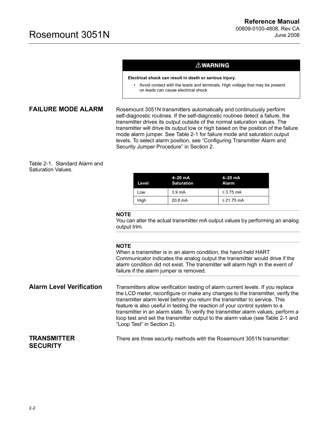 Emerson 3051N manual Alarm Level Verification, Transmitter, Security 