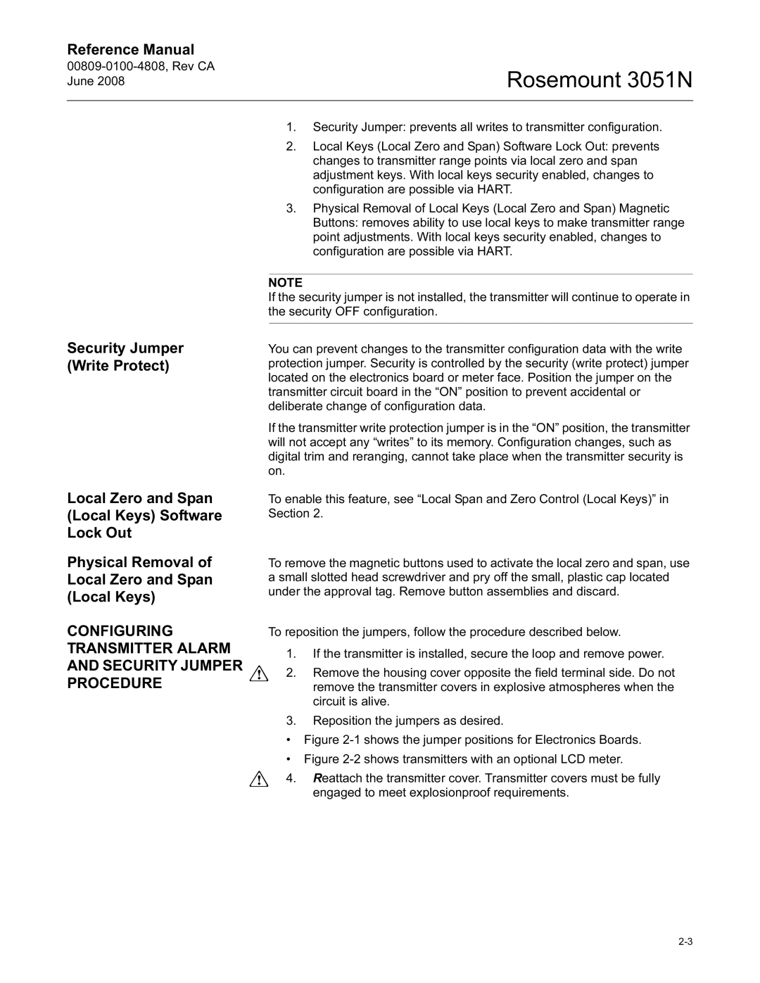 Emerson 3051N Physical Removal Local Zero and Span Local Keys, Configuring Transmitter Alarm and Security Jumper Procedure 