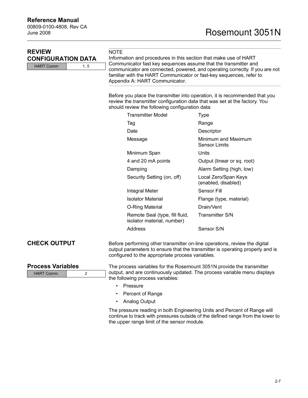 Emerson 3051N manual Review Configuration Data, Check Output, Process Variables 