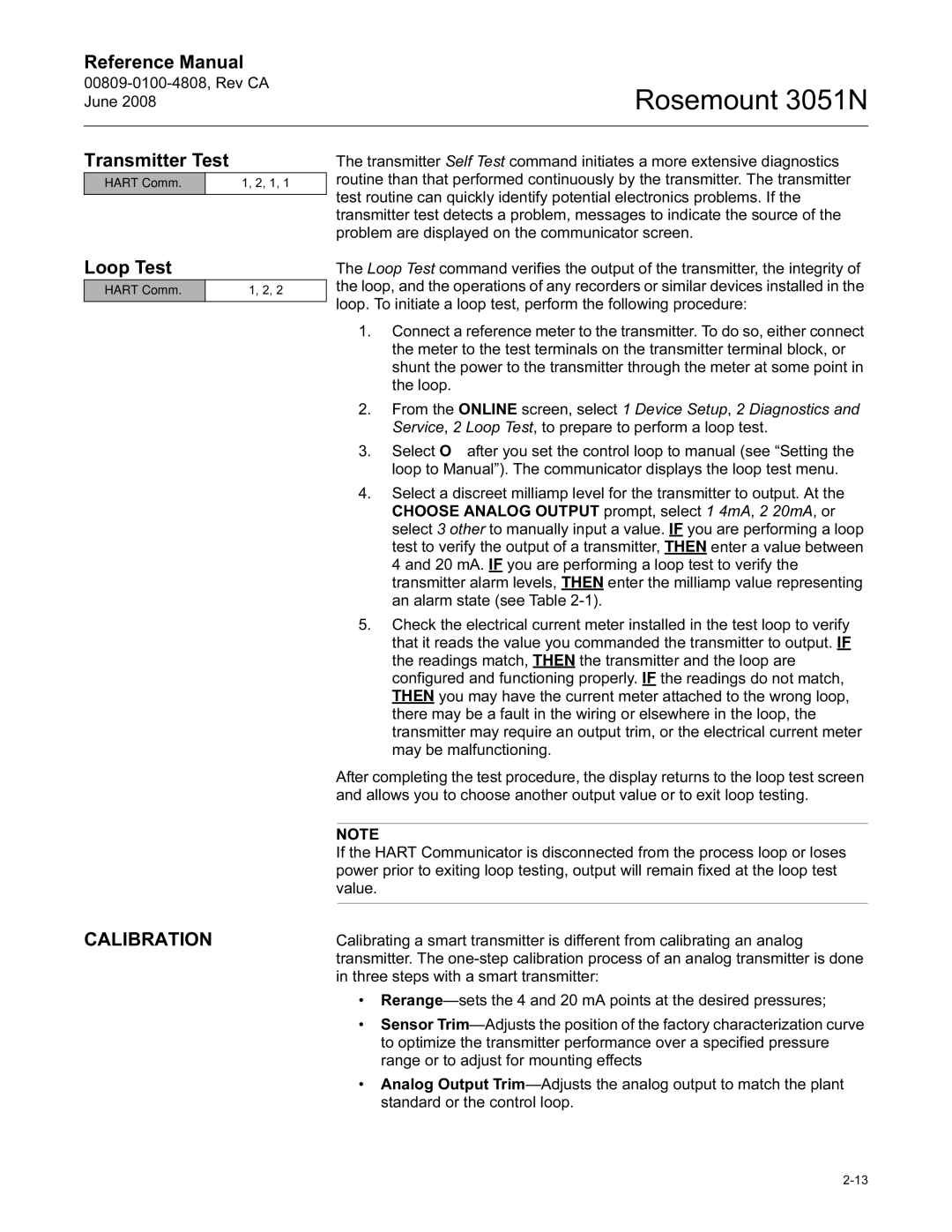 Emerson 3051N manual Transmitter Test, Loop Test, Calibration 