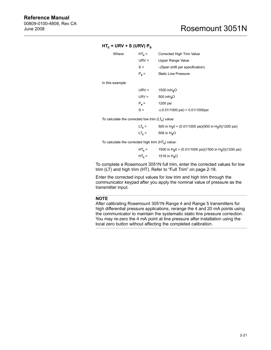 Emerson 3051N manual HTc = URV + S URV Ps 