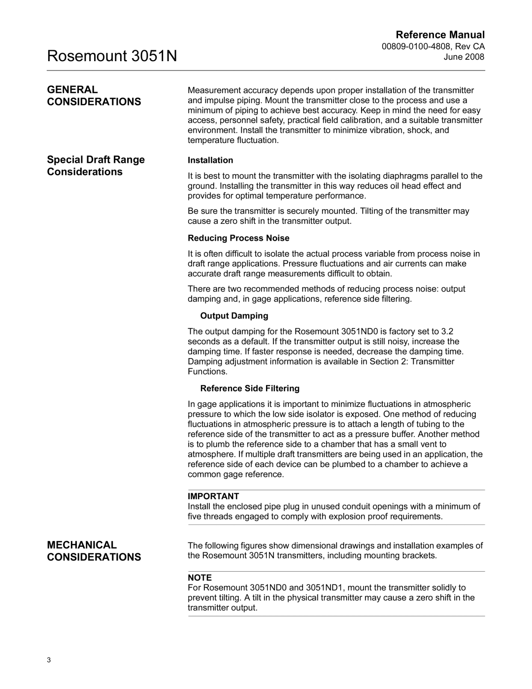 Emerson 3051N manual General Considerations, Special Draft Range Considerations, Mechanical Considerations 