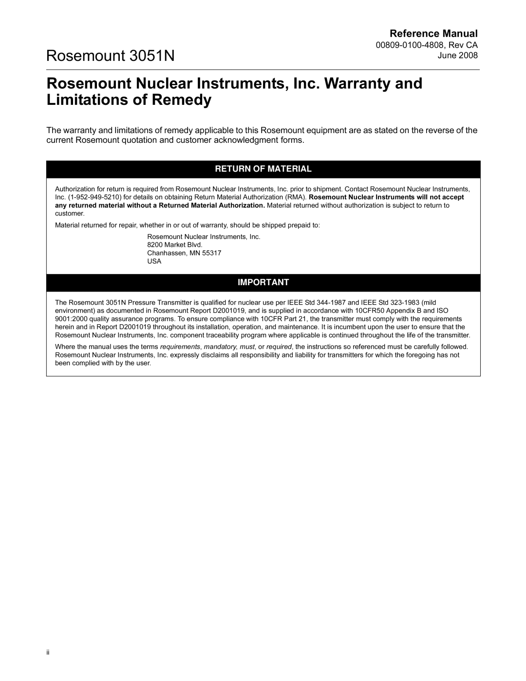 Emerson 3051N manual Return of Material 