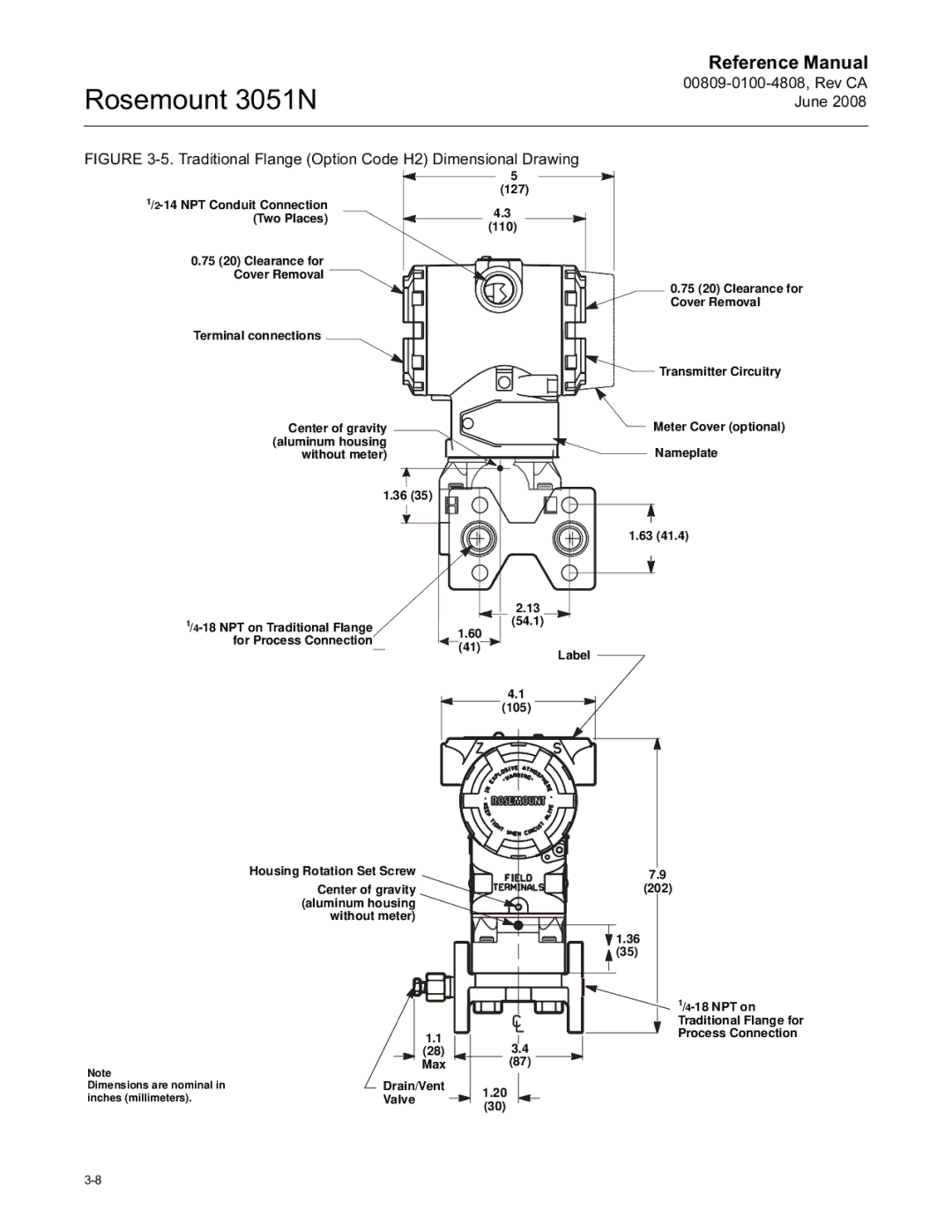 Emerson 3051N manual Traditional Flange Option Code H2 Dimensional Drawing 