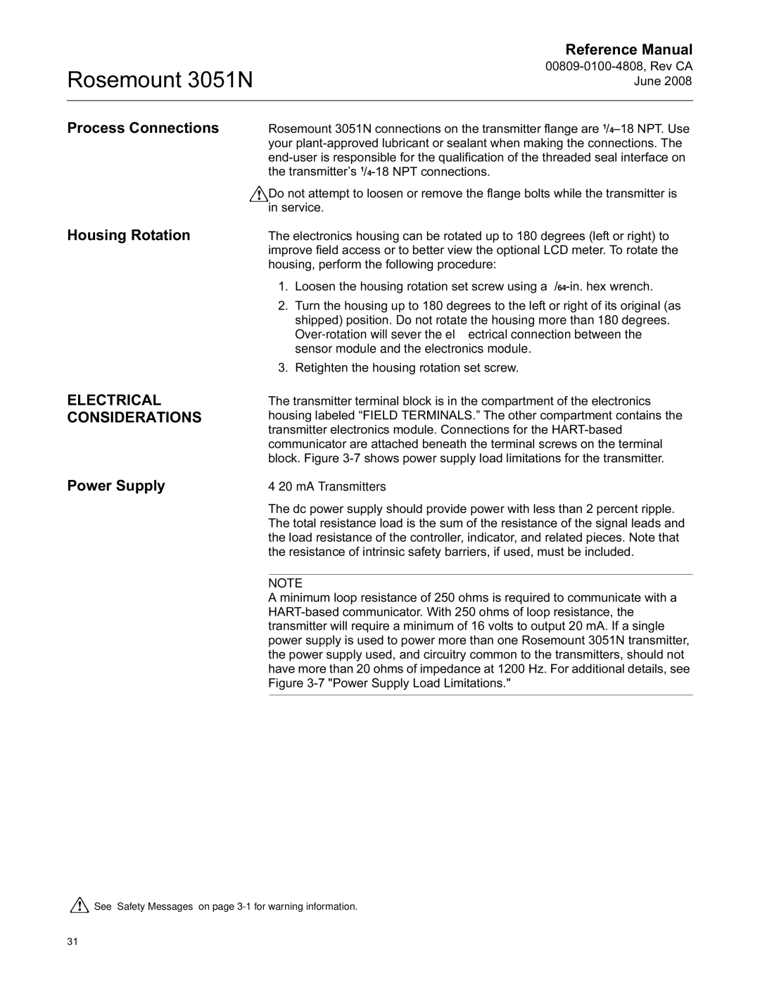 Emerson 3051N manual Process Connections Housing Rotation, Electrical Considerations, Power Supply 