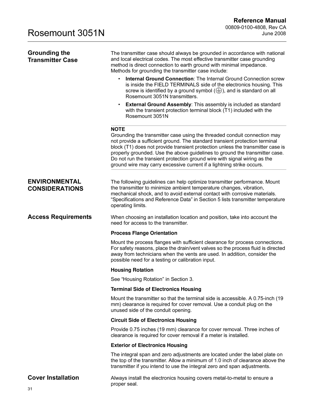 Emerson 3051N manual Grounding the Transmitter Case, Environmental Considerations, Access Requirements Cover Installation 