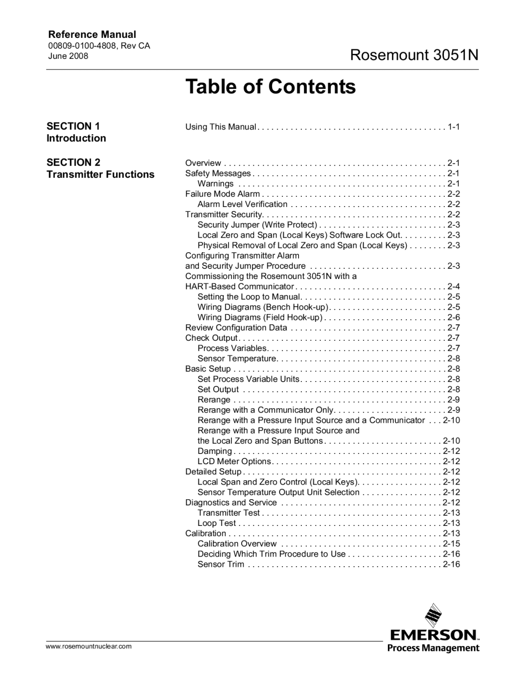 Emerson 3051N manual Table of Contents 