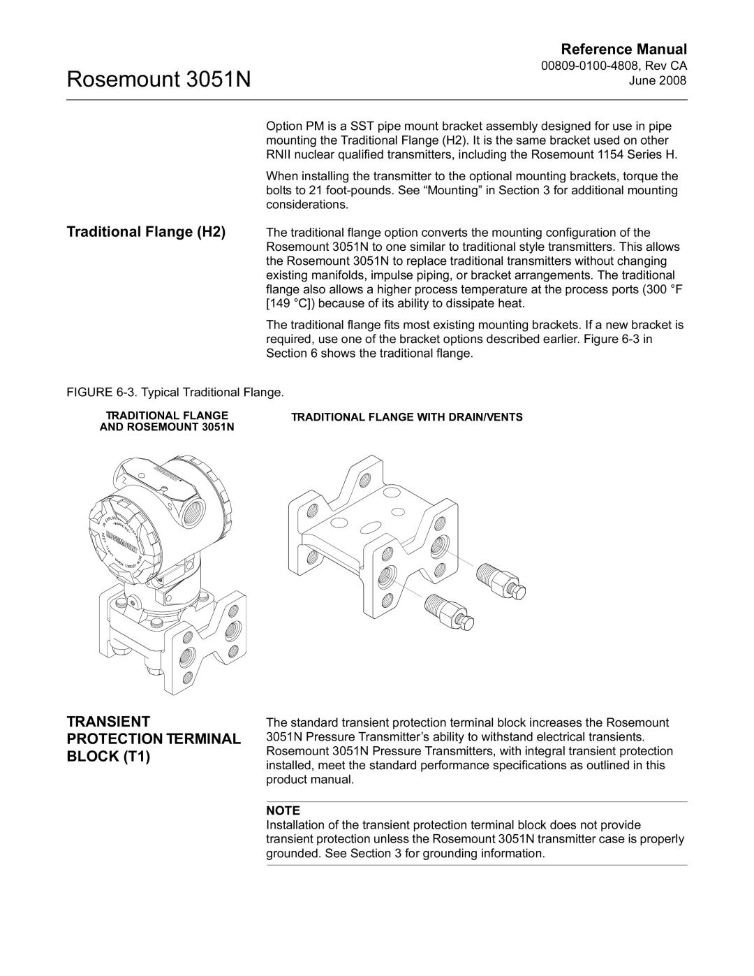 Emerson 3051N manual Traditional Flange H2, Transient Protection Terminal Block T1 