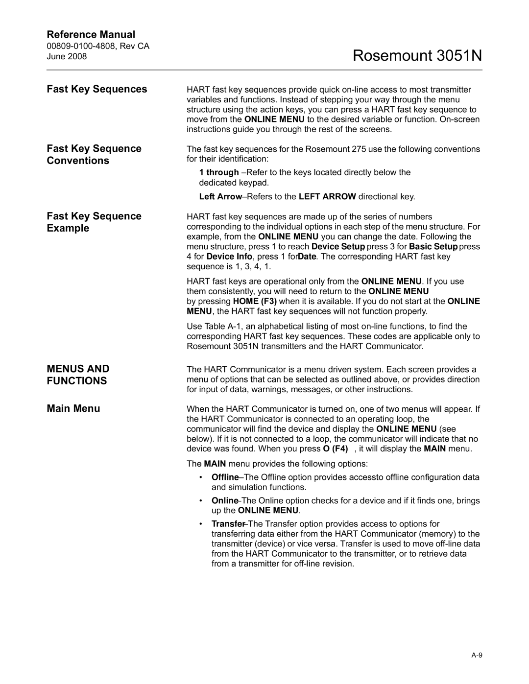 Emerson 3051N Fast Key Sequences, Fast Key Sequence Conventions Fast Key Sequence Example, Menus Functions, Main Menu 