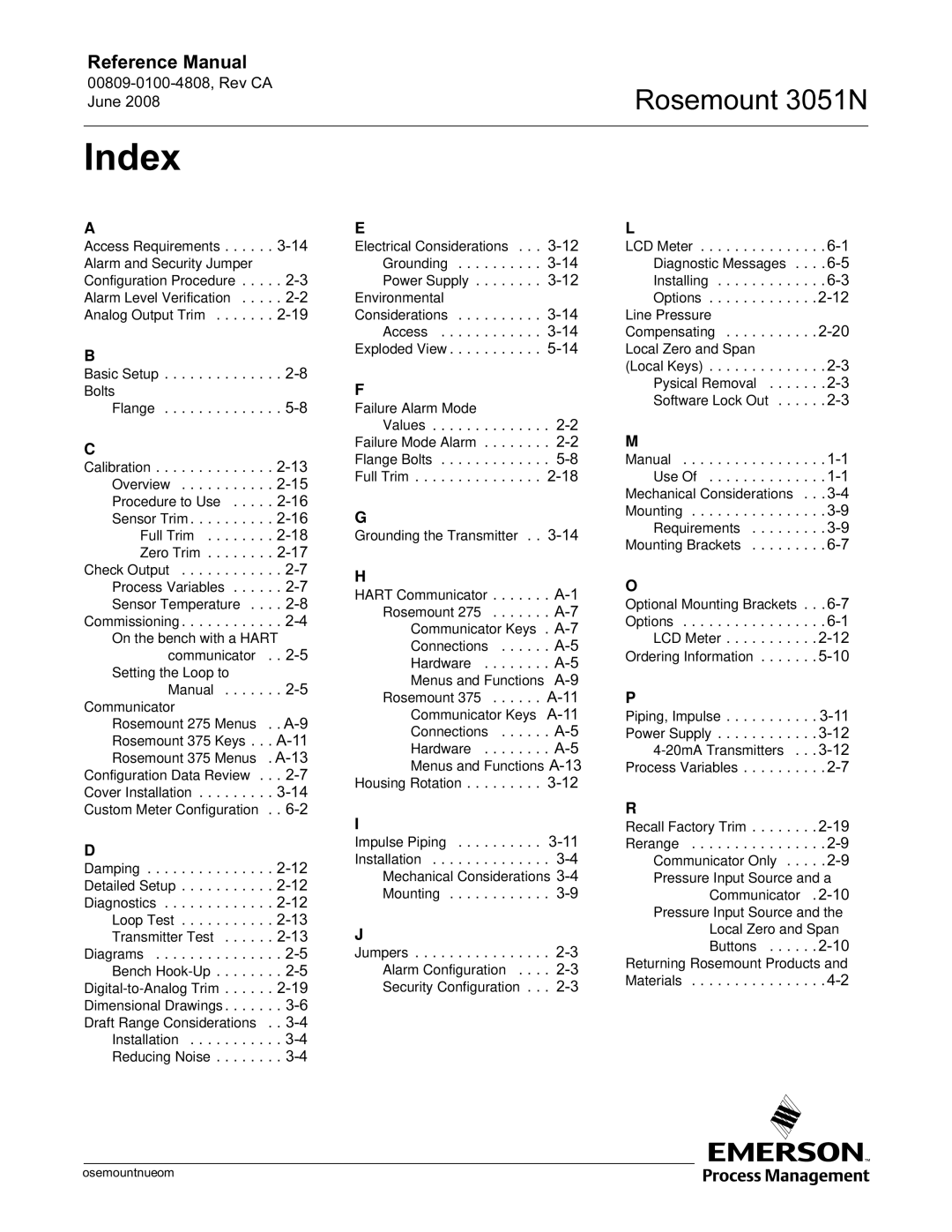 Emerson 3051N manual Index 