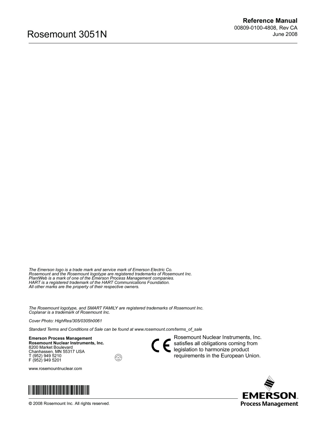 Emerson manual Rosemount 3051N, ¢00809-0100-4801V¤, Reference Manual 