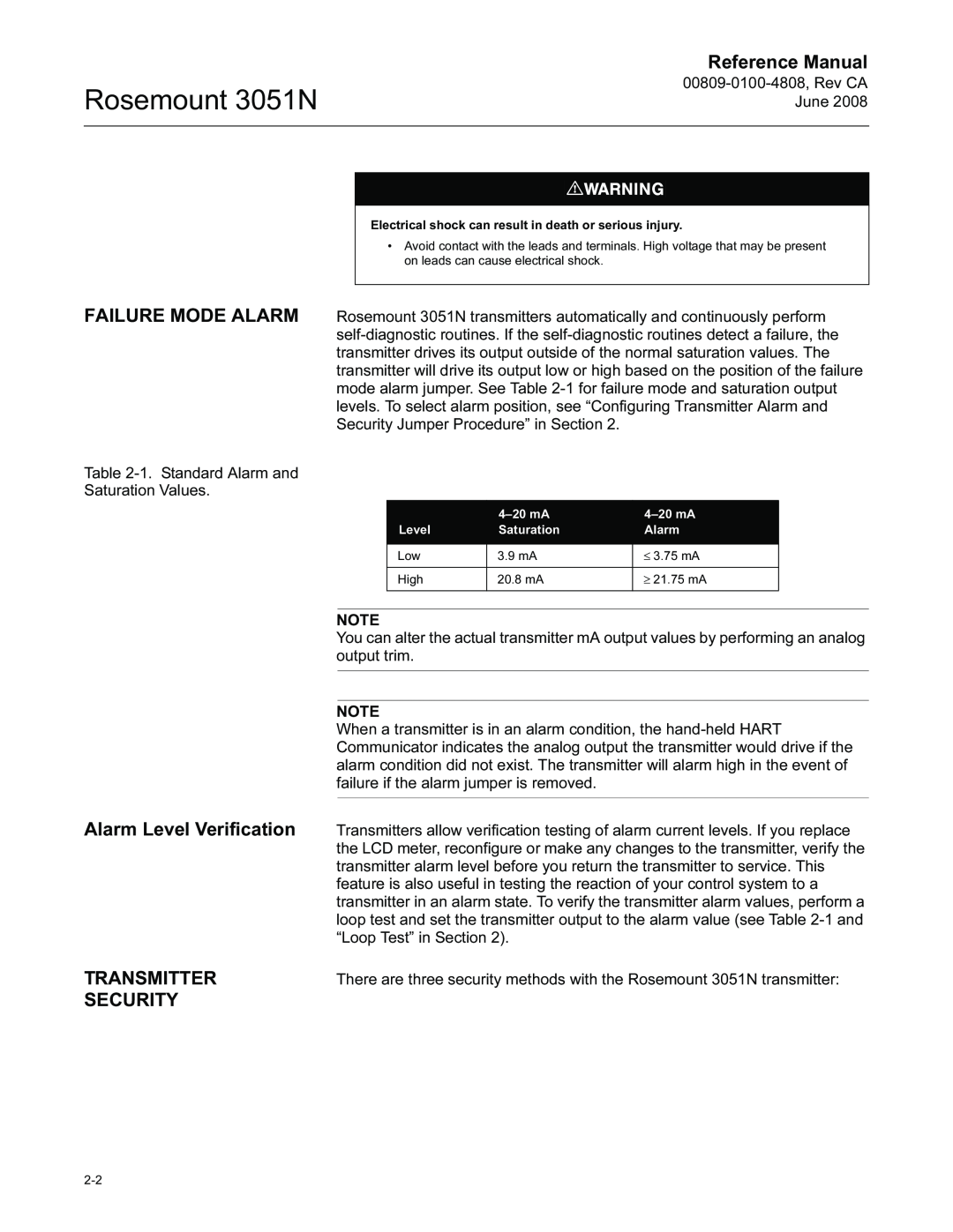 Emerson manual Alarm Level Verification, Transmitter, Security, Rosemount 3051N, Reference Manual 