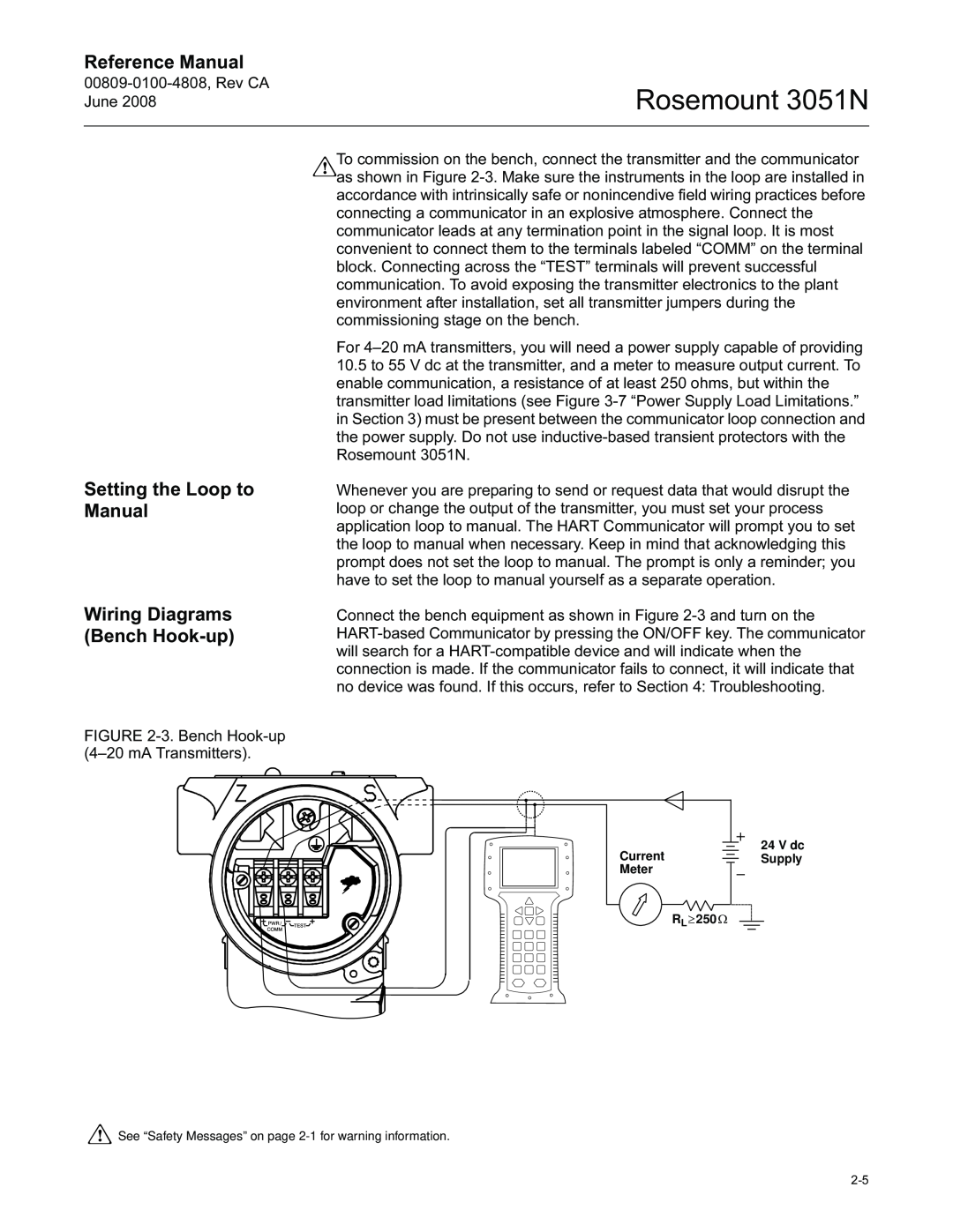 Emerson manual Setting the Loop to Manual, Wiring Diagrams Bench Hook-up, Rosemount 3051N, Reference Manual 