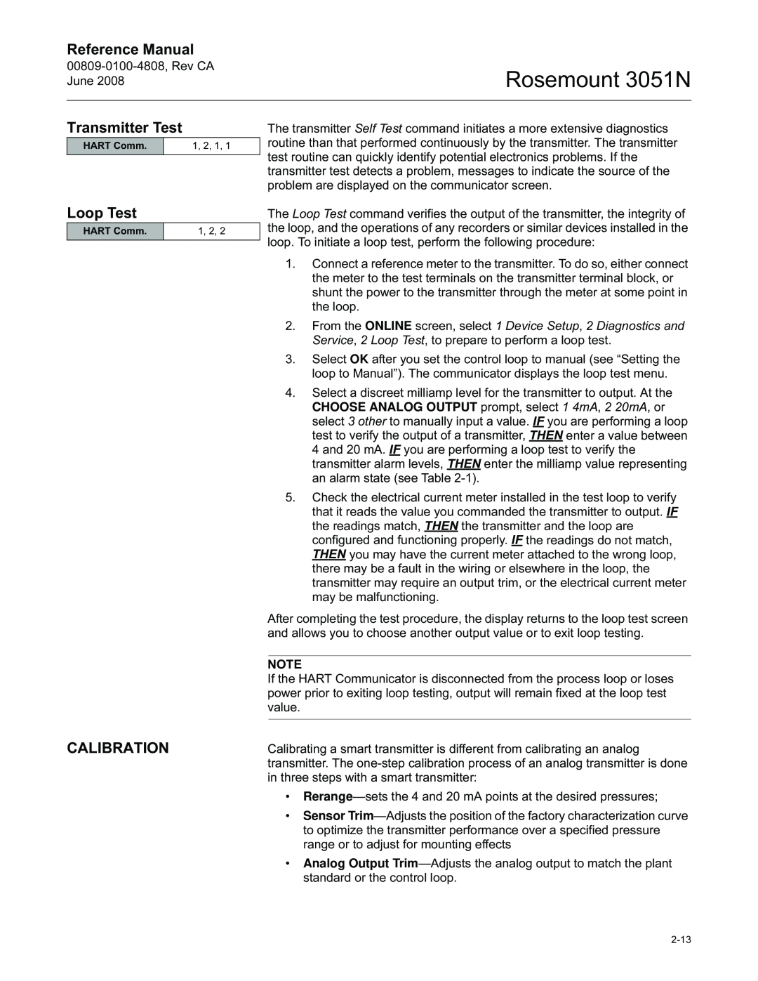 Emerson manual Transmitter Test, Loop Test, Calibration, Rosemount 3051N, Reference Manual 