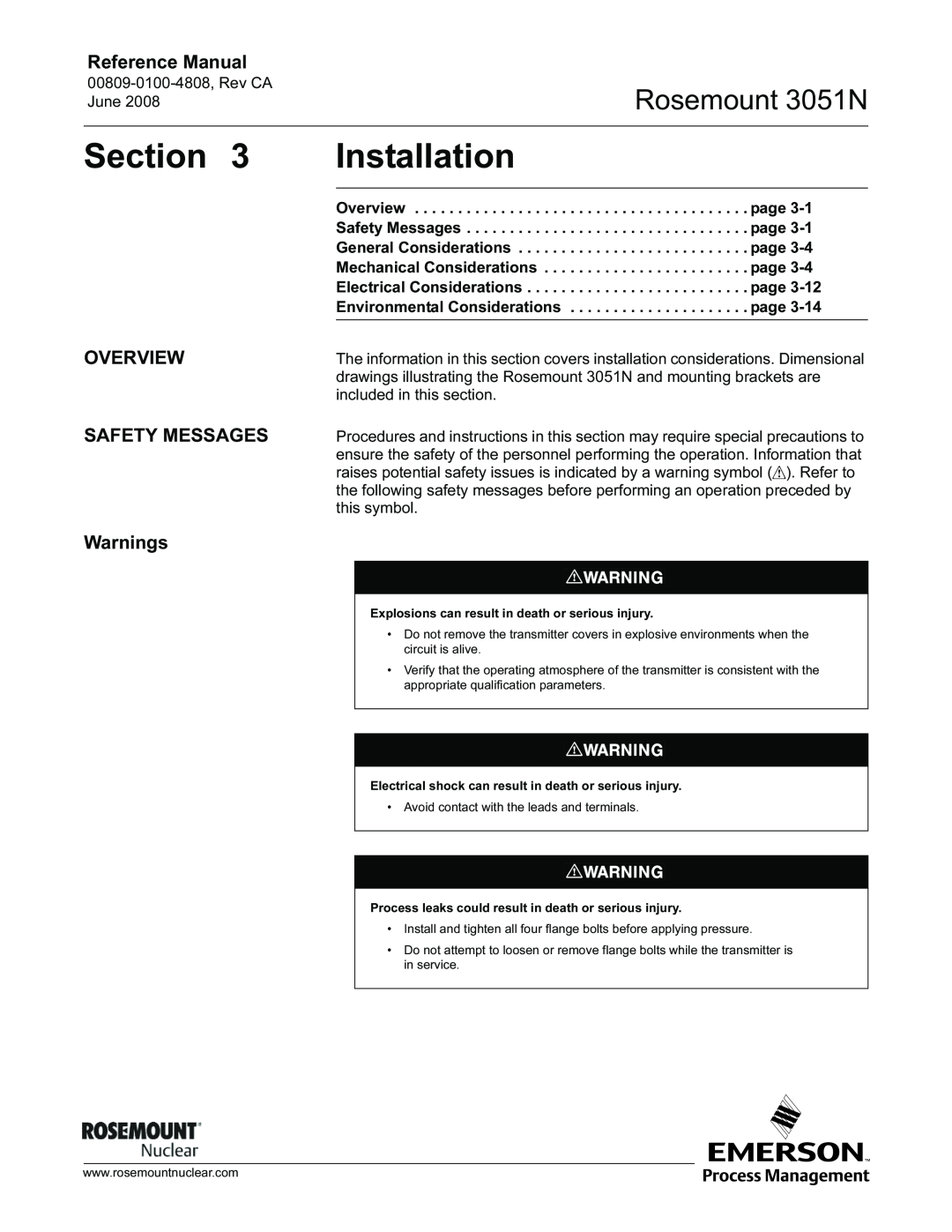 Emerson manual Installation, Section, Rosemount 3051N, Reference Manual, OVERVIEW SAFETY MESSAGES Warnings 