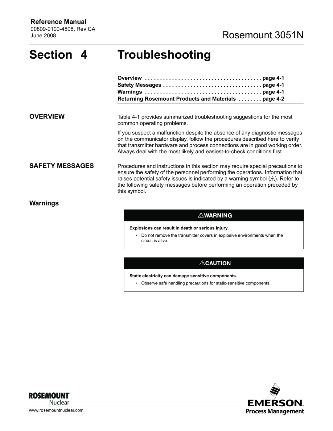 Emerson manual Troubleshooting, Rosemount 3051N, Reference Manual, OVERVIEW SAFETY MESSAGES Warnings 