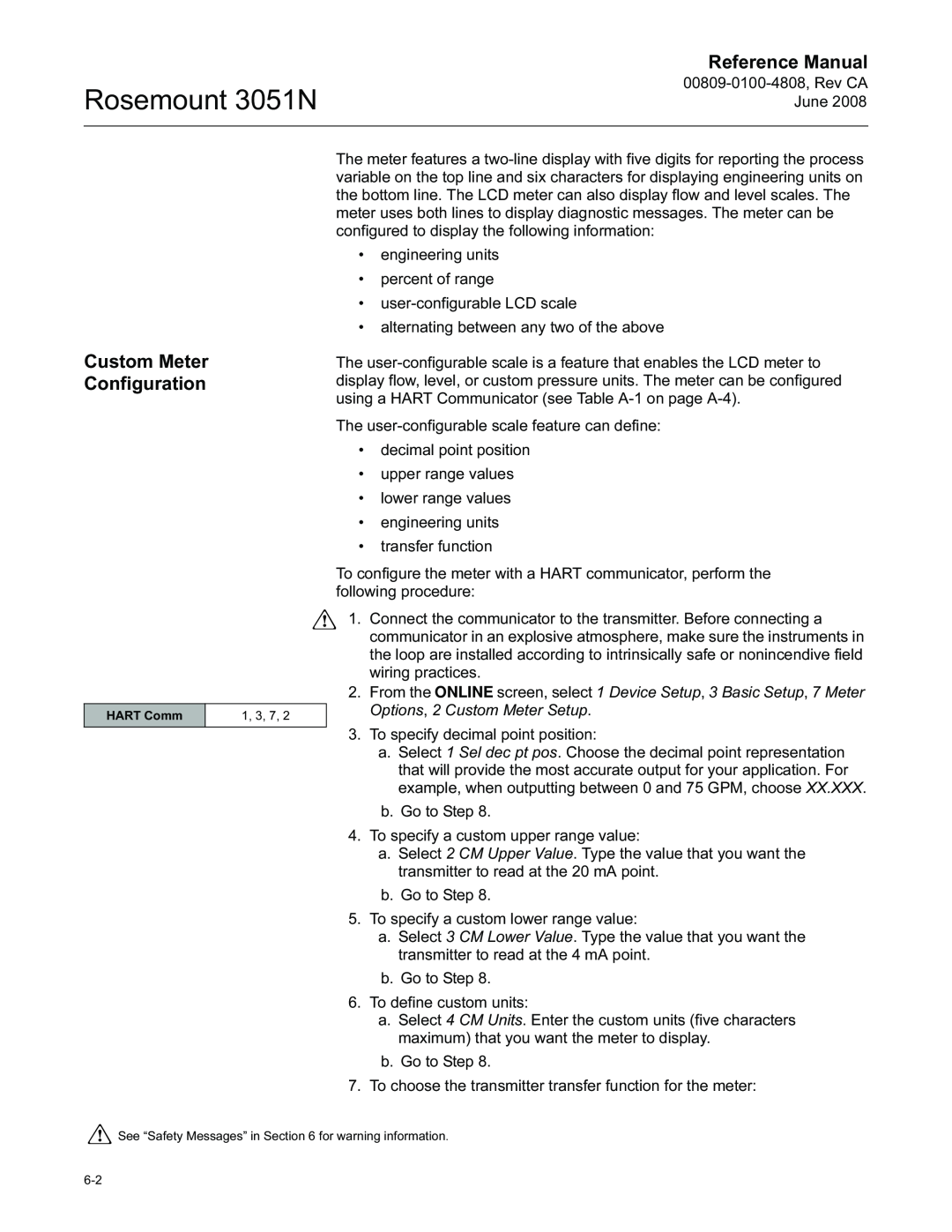 Emerson manual Custom Meter Configuration, Rosemount 3051N, Reference Manual 