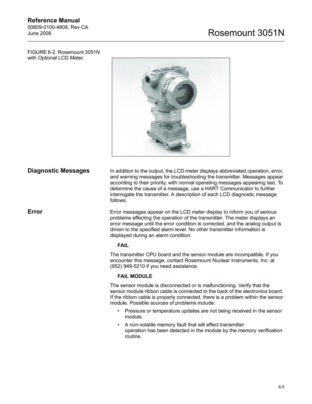 Emerson manual Diagnostic Messages, Error, Rosemount 3051N, Reference Manual 