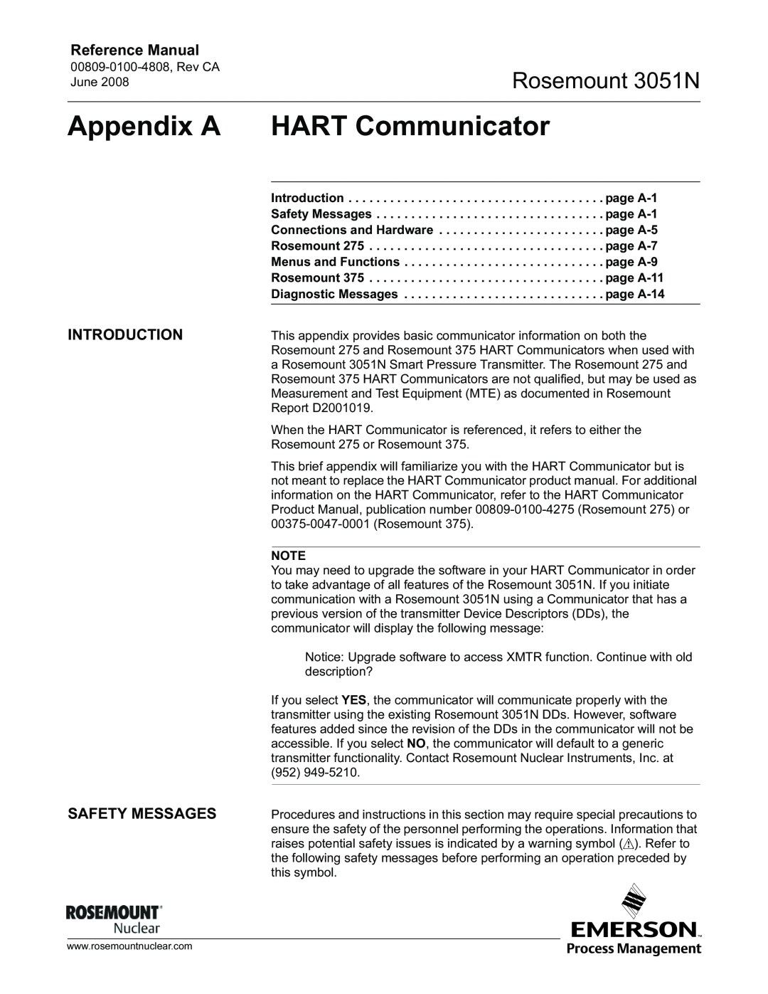 Emerson manual Appendix A HART Communicator, Introduction Safety Messages, Rosemount 3051N, Reference Manual 