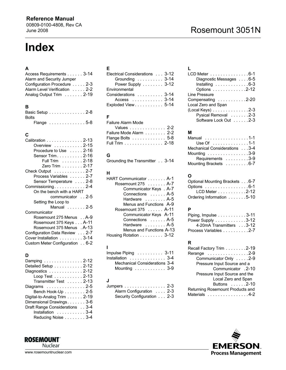 Emerson manual Index, Rosemount 3051N, Reference Manual 
